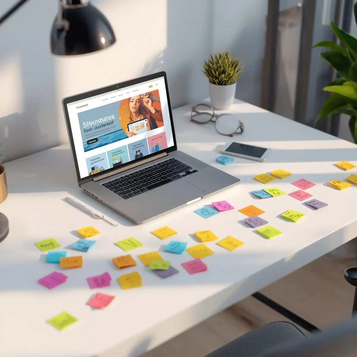 Laptop and sticky notes for startup planning