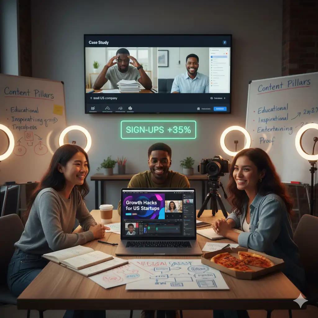 A startup team creating video content for marketing and growth