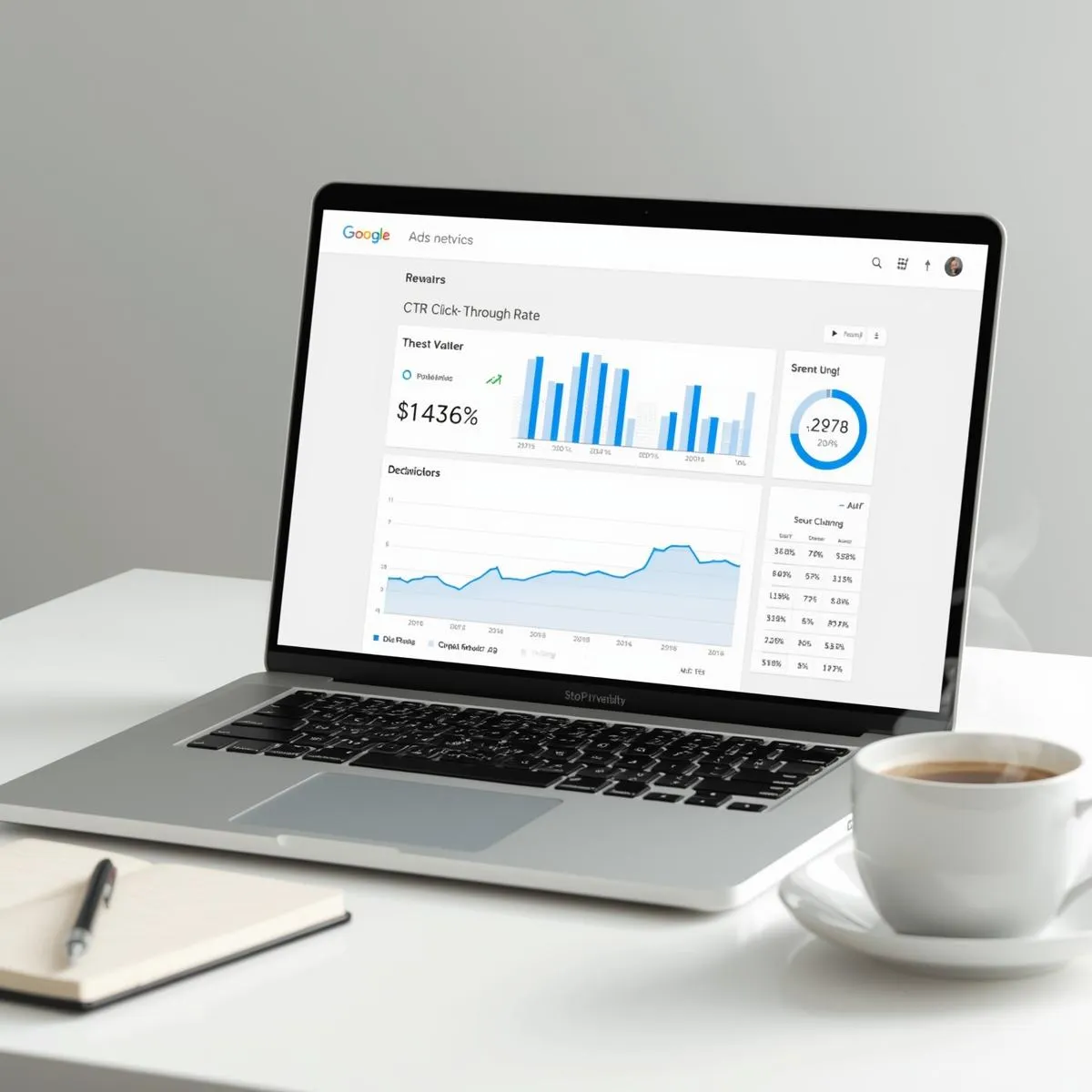 Laptop screen showing Google Ads dashboard with CTR metrics