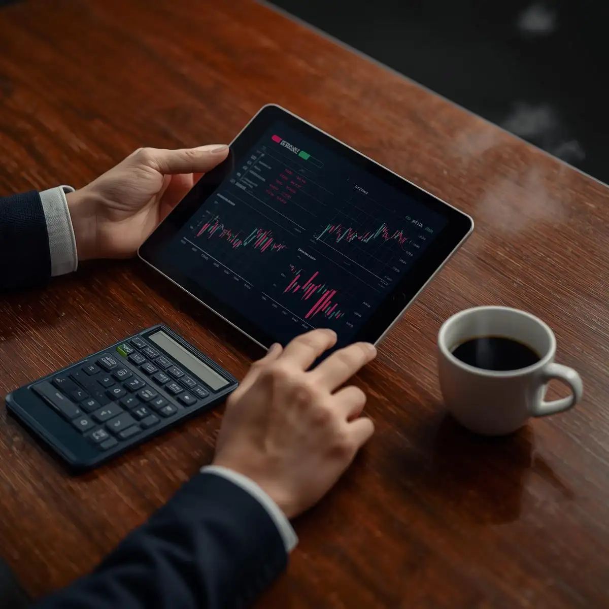 Close-up of business growth charts on a tablet with coffee