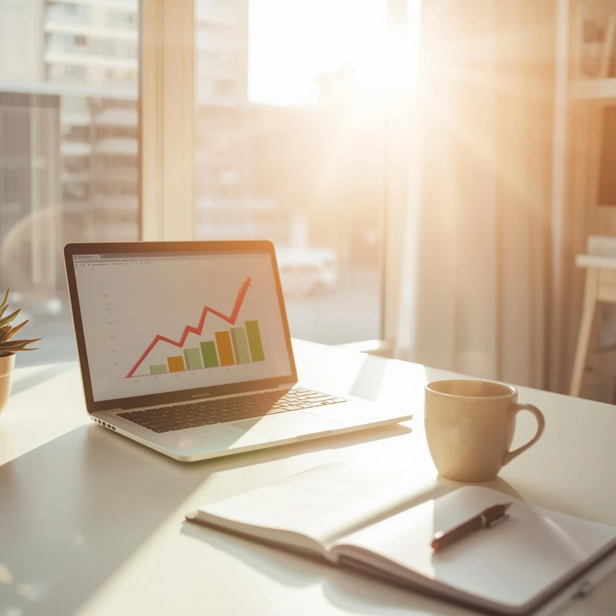 Inspiring workspace with a growth chart on a laptop screen