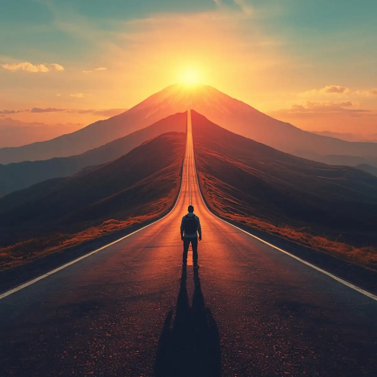 Backpacker on winding road at dawn