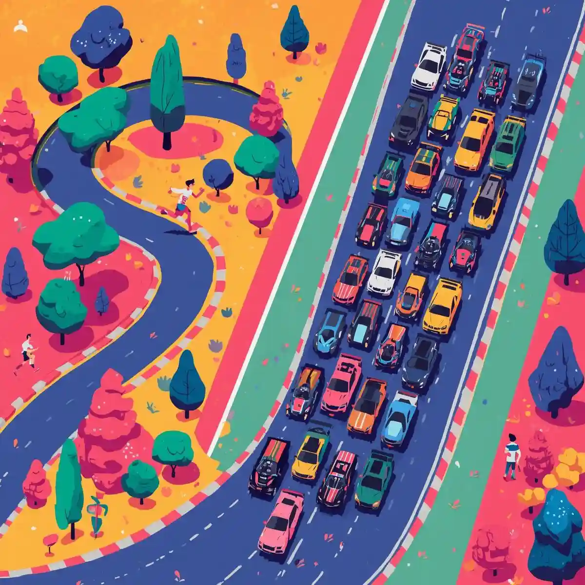 Shortcut strategy on a busy race track illustration