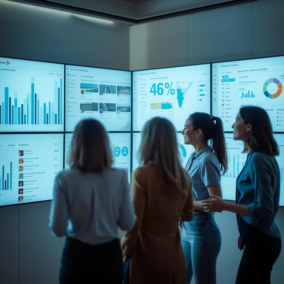 Team analyzing social media performance on a digital dashboard