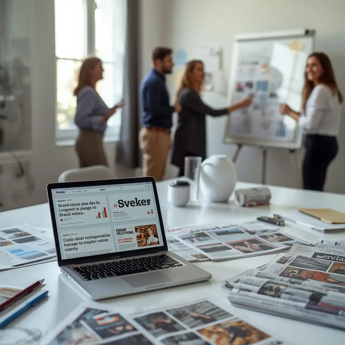 Team discussing PR strategy with media mentions on a laptop