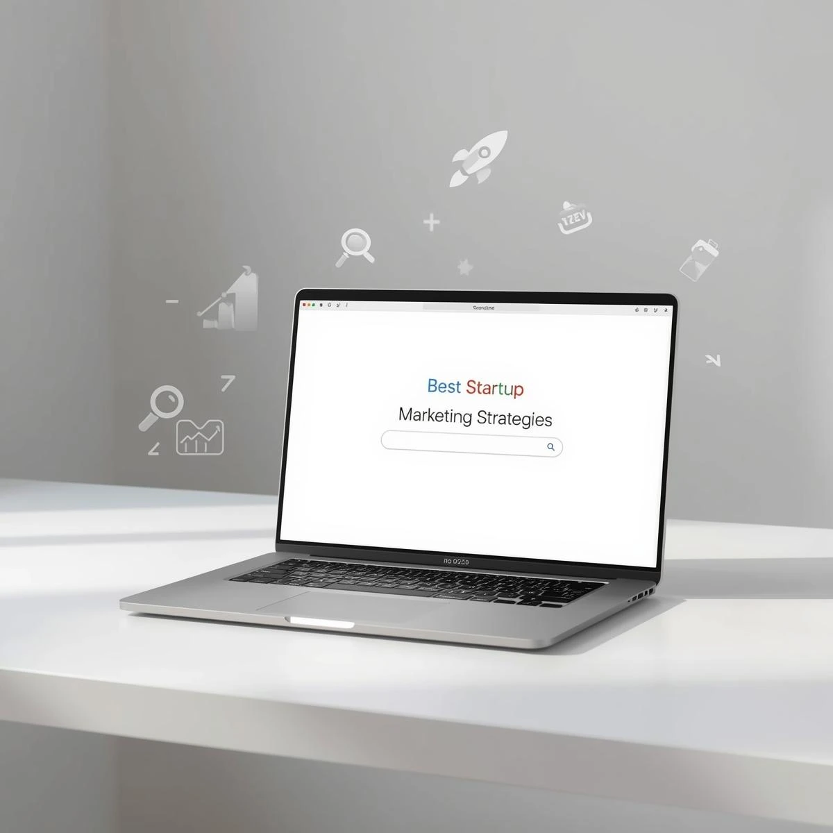 Laptop screen showing Google search results for startup marketing