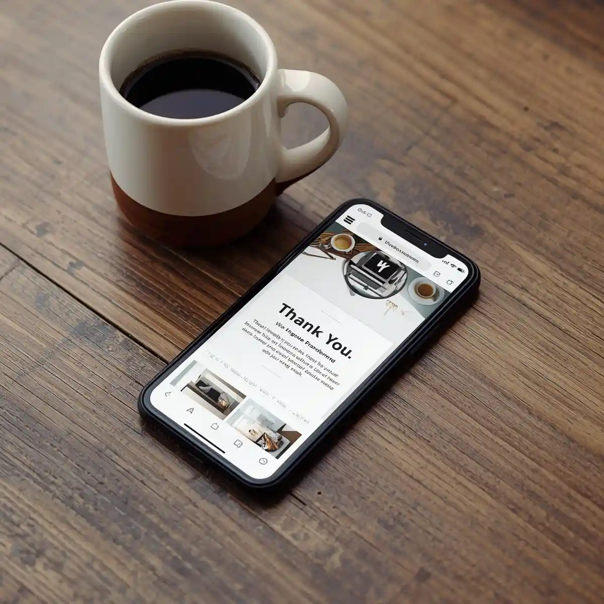 Smartphone showing a "Thank You" email newsletter on a desk