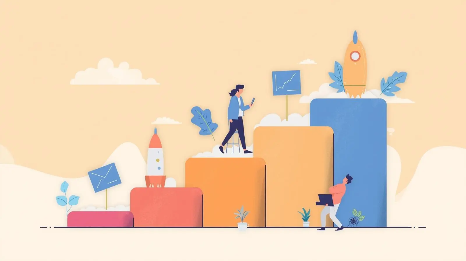 People climbing bar chart blocks