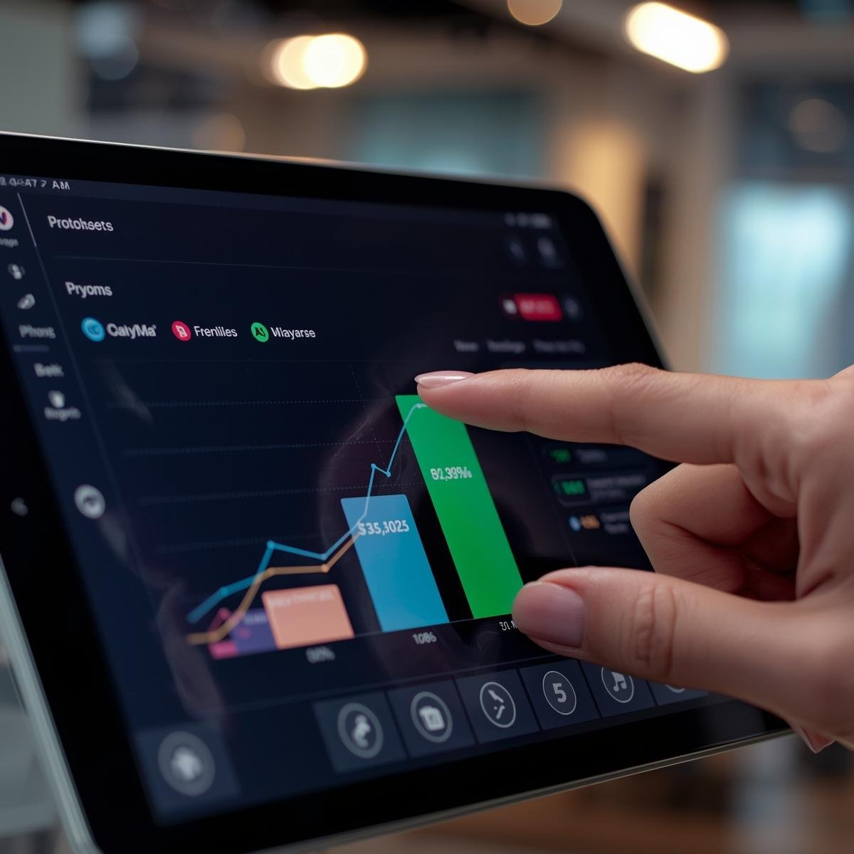 Tablet screen displaying colorful business growth charts and company performance comparison