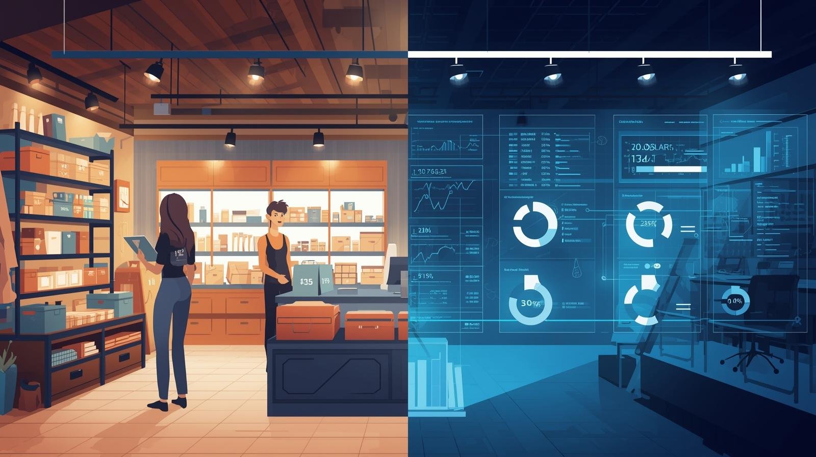 Business digital transformation 2026 split illustration