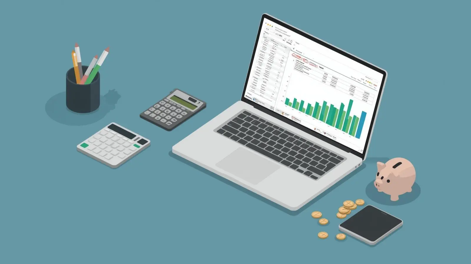 Startup budget spreadsheet and gold coins illustration