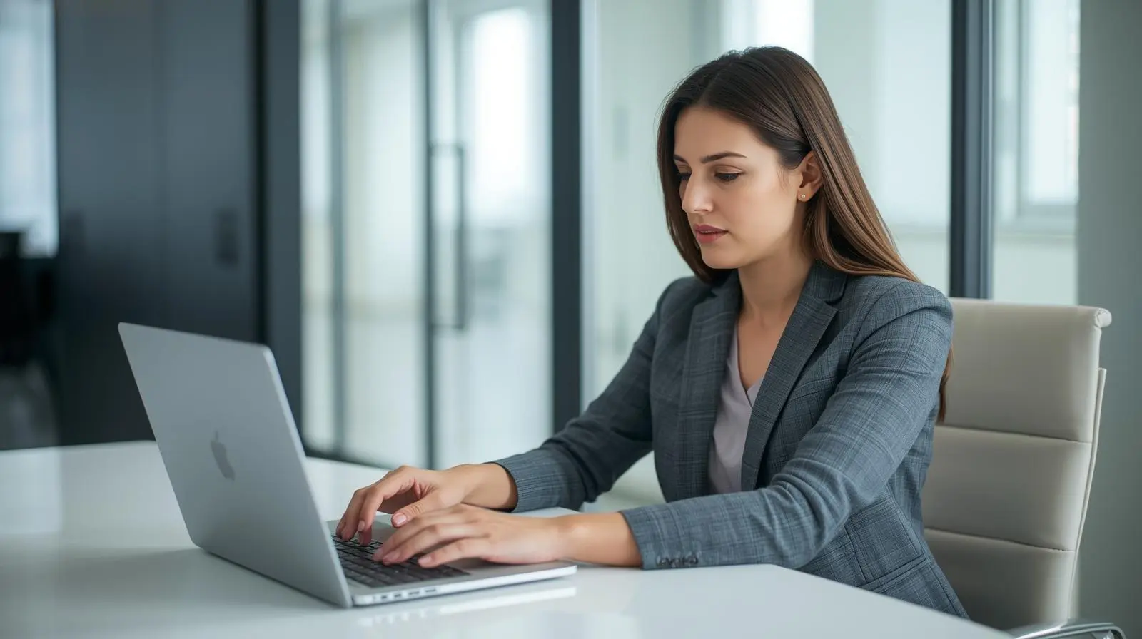 Business model analysis on laptop in modern office