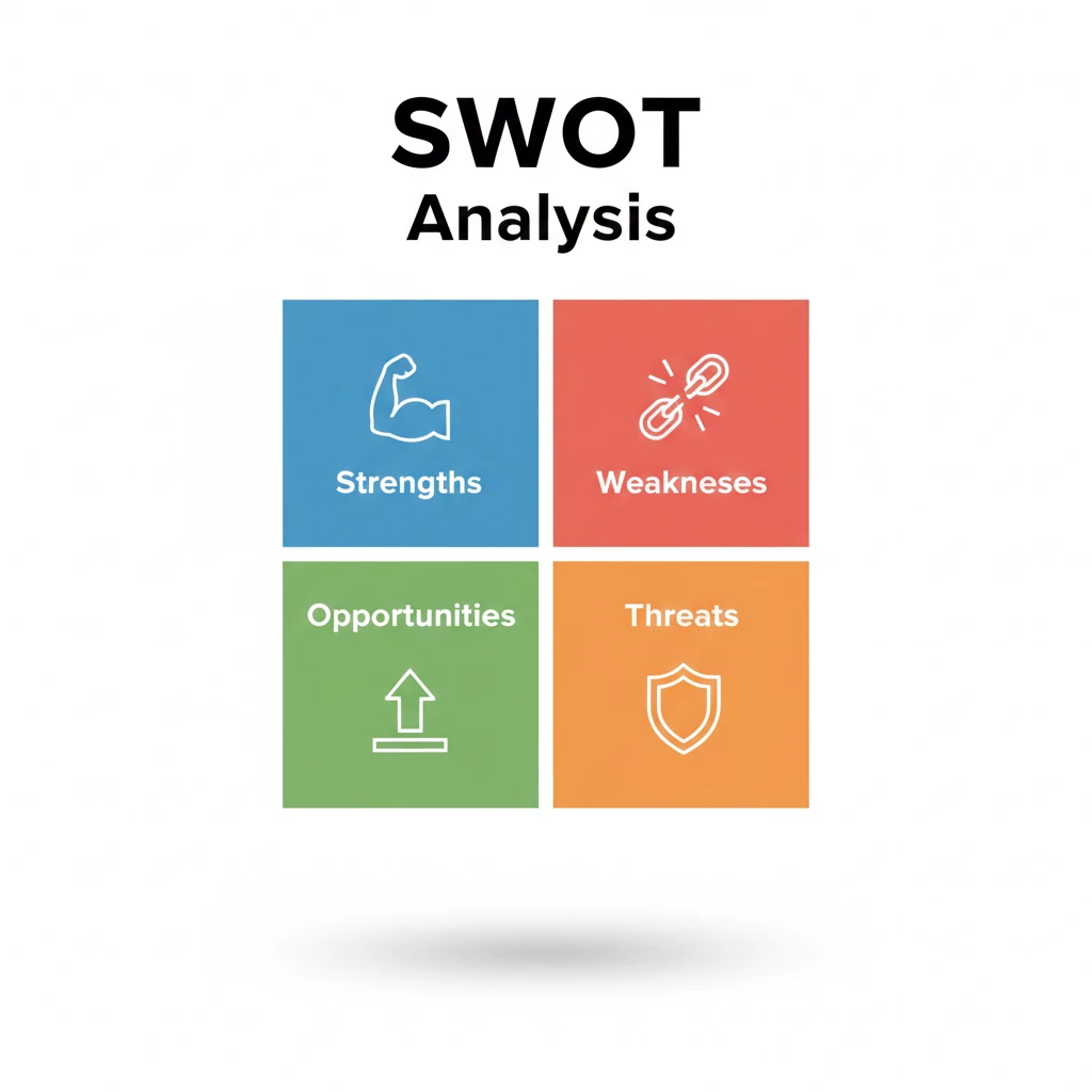 Professional SWOT analysis framework diagram with colorful icons