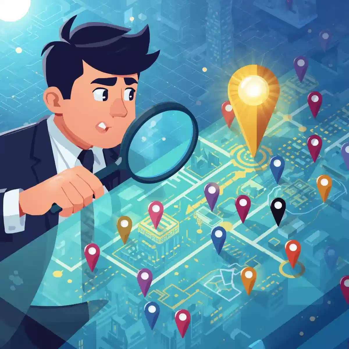 Startup competitor analysis illustration with digital map and location pins in flat design style