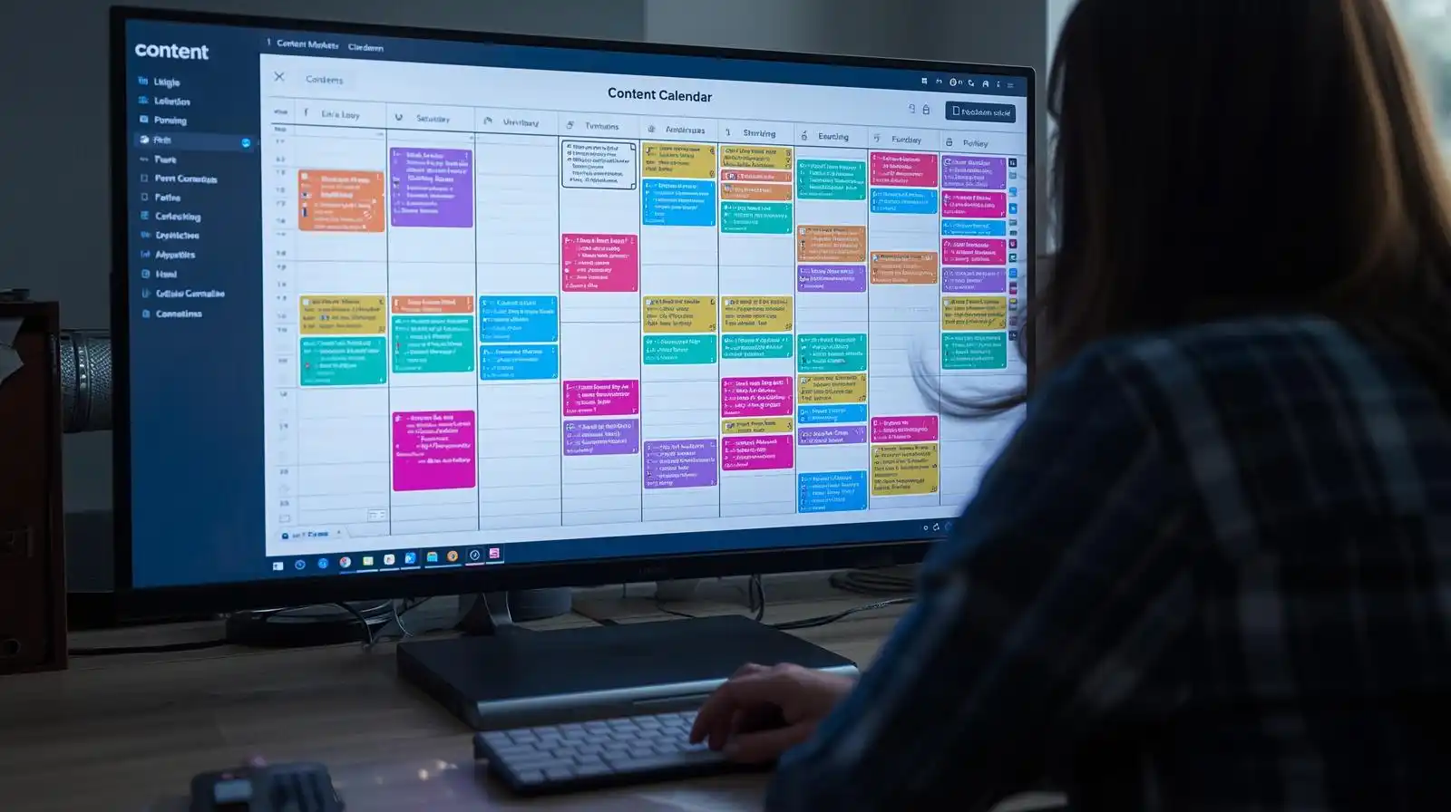 Color-coded content calendar on large monitor
