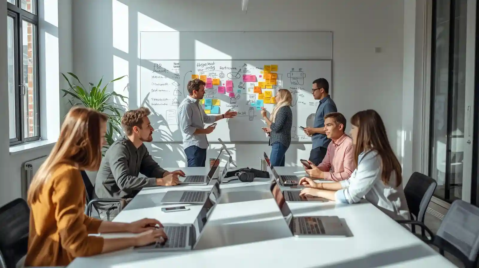 Team collaborating with laptops