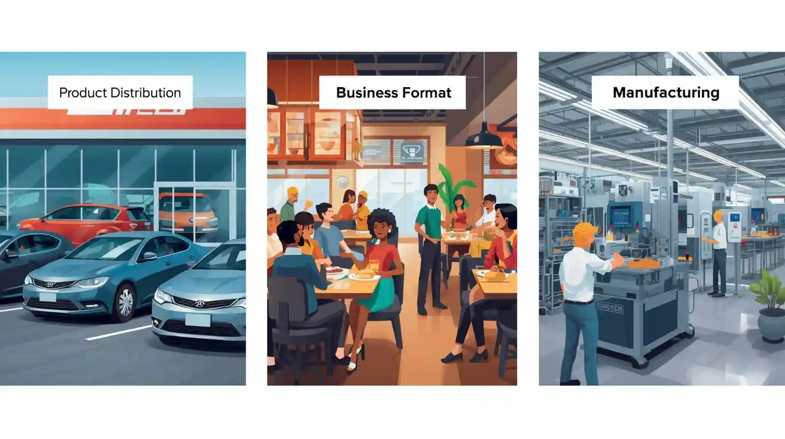 car dealership, restaurant, and manufacturing unit
