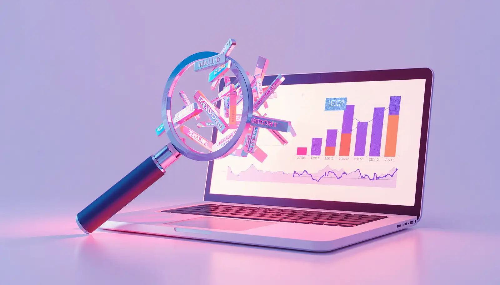 Magnifying glass analyzing keyword data