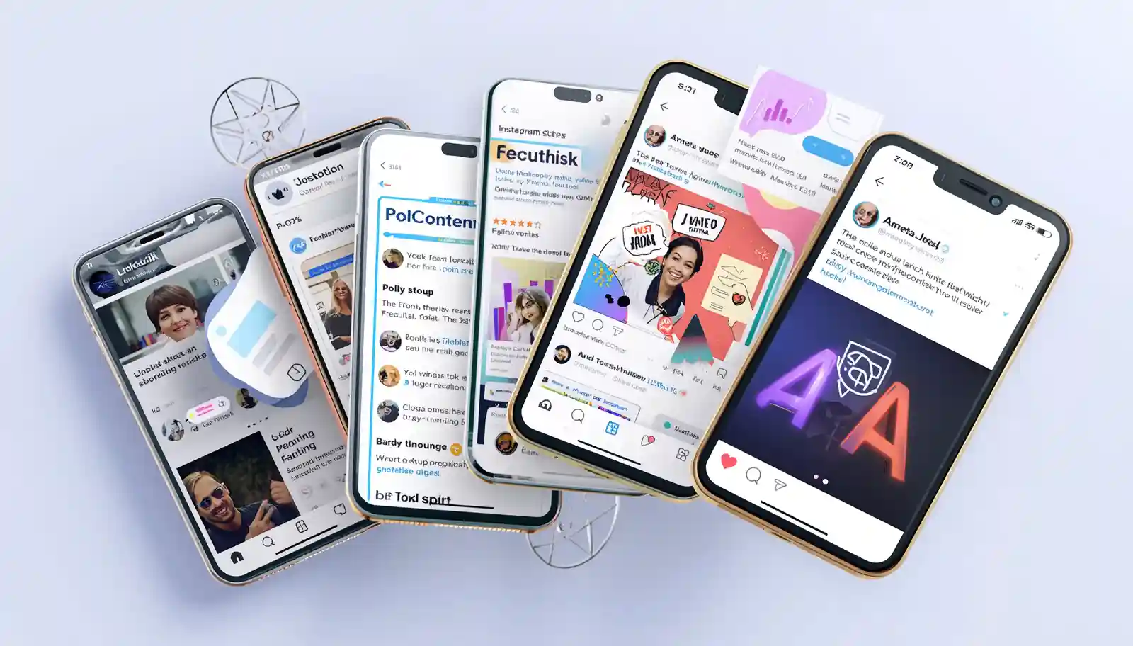 Multiple smartphones displaying social content